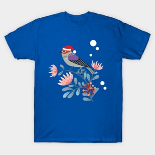 Pretty Holiday Flowers and Finch in Christmas Santa Hat T-Shirt